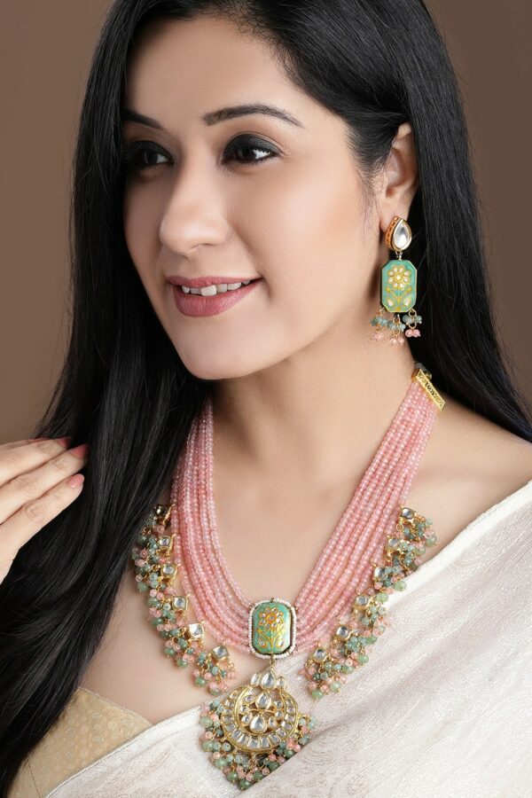 Rubans Gold-Plated Pink & Green Enamelled Beaded Kundan-Studded Handcrafted Jewellery Set