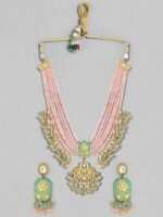 Rubans Gold-Plated Pink & Green Enamelled Beaded Kundan-Studded Handcrafted Jewellery Set - Image 3