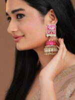 Rubans Gold-Plated Pink Kundan Studded & Enamel Handcrafted Meenakari Dome Shaped Jhumkas
