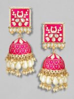 Rubans Gold-Plated Pink Kundan Studded & Enamel Handcrafted Meenakari Dome Shaped Jhumkas - Image 2
