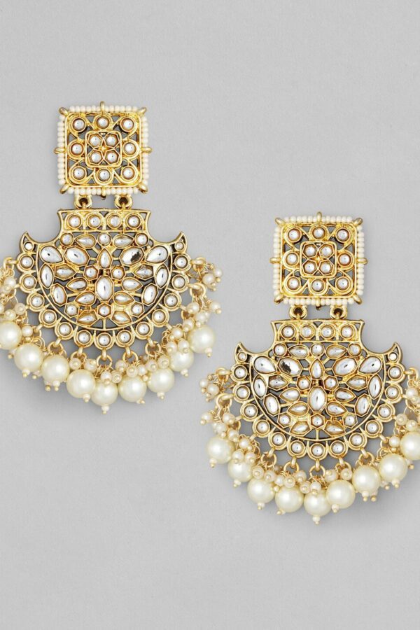 Rubans Off-White Gold-Plated Kundan-Studded and Pearl-Beaded Handcrafted Chandbalis