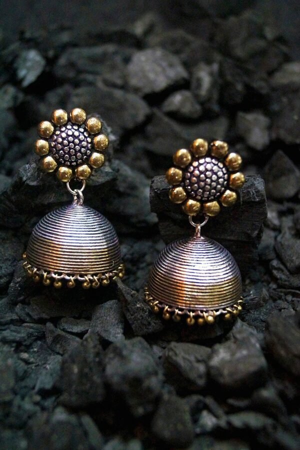 Rubans Oxidised Silver & Antique Gold-Toned Dome-Shaped Jhumkas