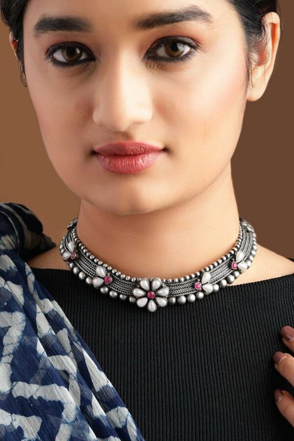 Rubans Silver & Pink Silver-Plated Handcrafted Oxidised Floral Choker Necklace