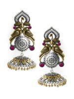 Rubans Silver-Plated & Gold-Toned Handcrafted Oxidised Peacock Shaped Jhumkas