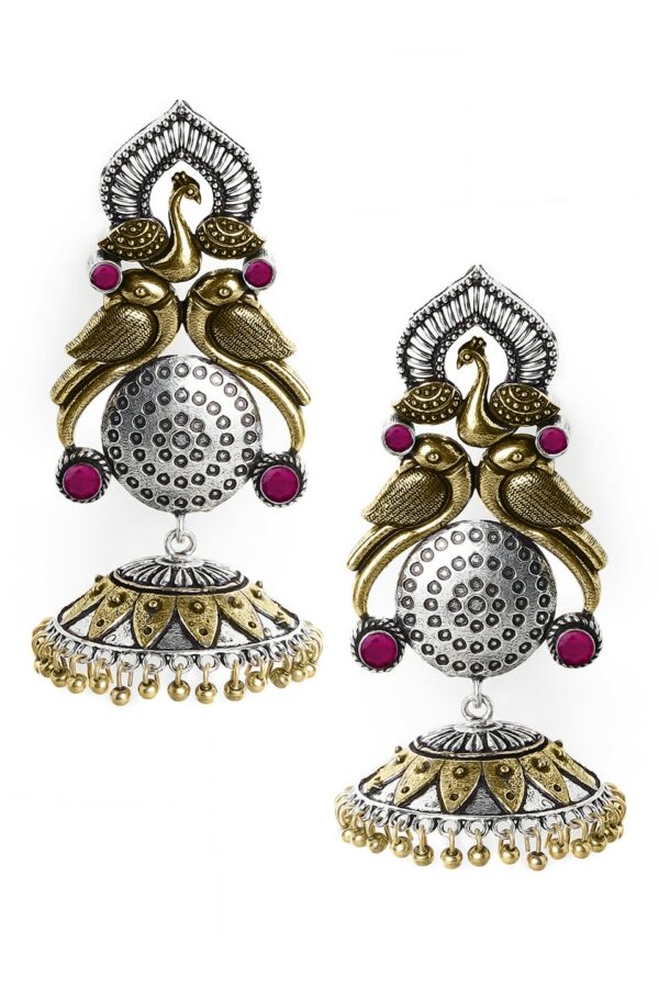 Rubans Silver-Plated & Gold-Toned Handcrafted Oxidised Peacock Shaped Jhumkas