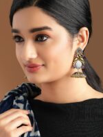 Rubans Silver-Plated & Gold-Toned Handcrafted Oxidised Peacock Shaped Jhumkas - Image 3