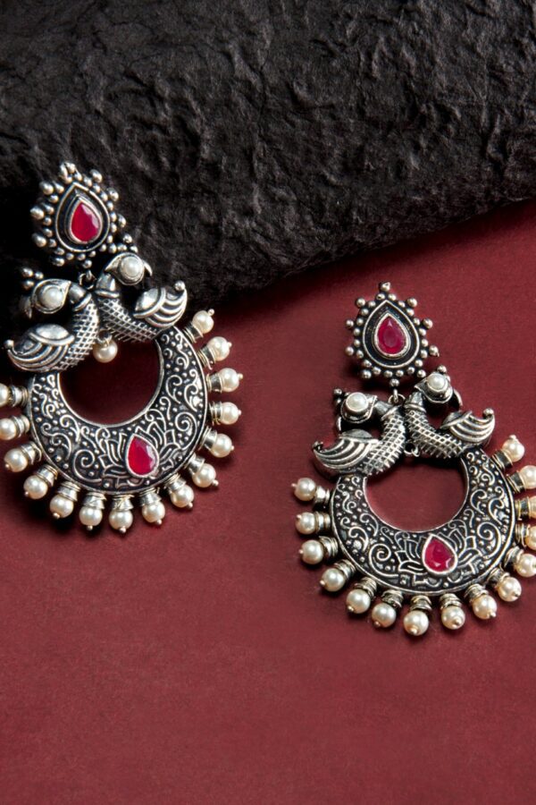 Rubans Silver-Toned & Red Classic Chandbalis