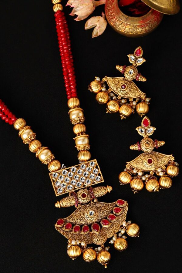 Rubans Women Anrique Gold-Toned & Red Embellished Temple Jewellery Set
