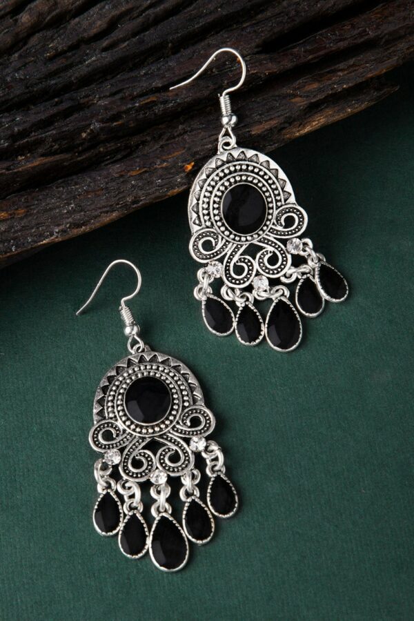 Rubans Women Silver-Toned & Black Classic Drop Earrings