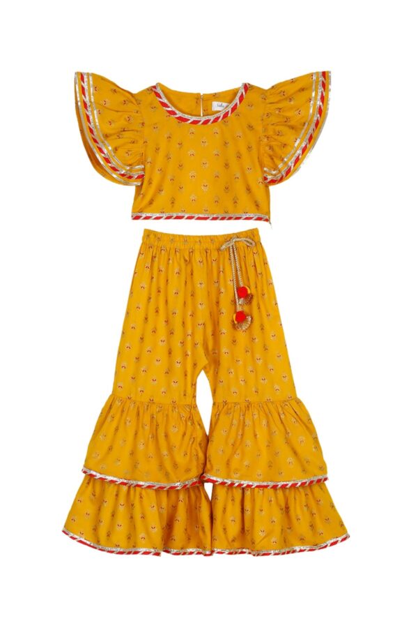 SAKA DESIGNS Girls Mustard Yellow Floral Printed Regular Top with Sharara