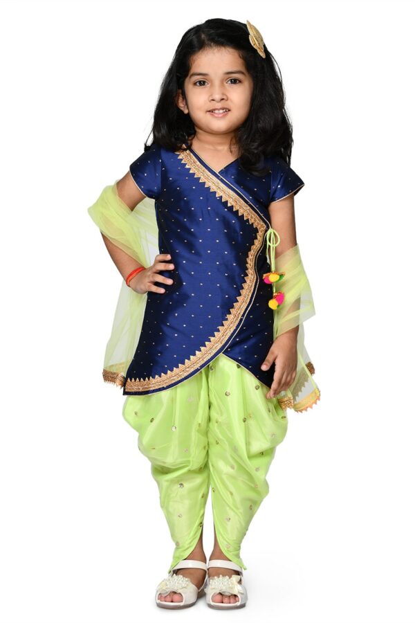 SAKA DESIGNS Girls Navy Blue Angrakha Sequinned Kurti with Dhoti Pants & With Dupatta