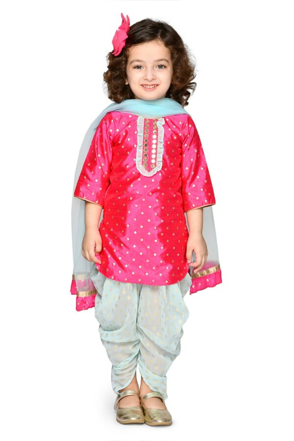 SAKA DESIGNS Girls Turquoise Blue Embroidered Regular Kurta with Dhoti Pants & With