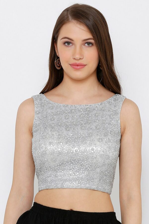SALWAR STUDIO Women Grey & Silver-Toned Embroidered Readymade Saree Blouse