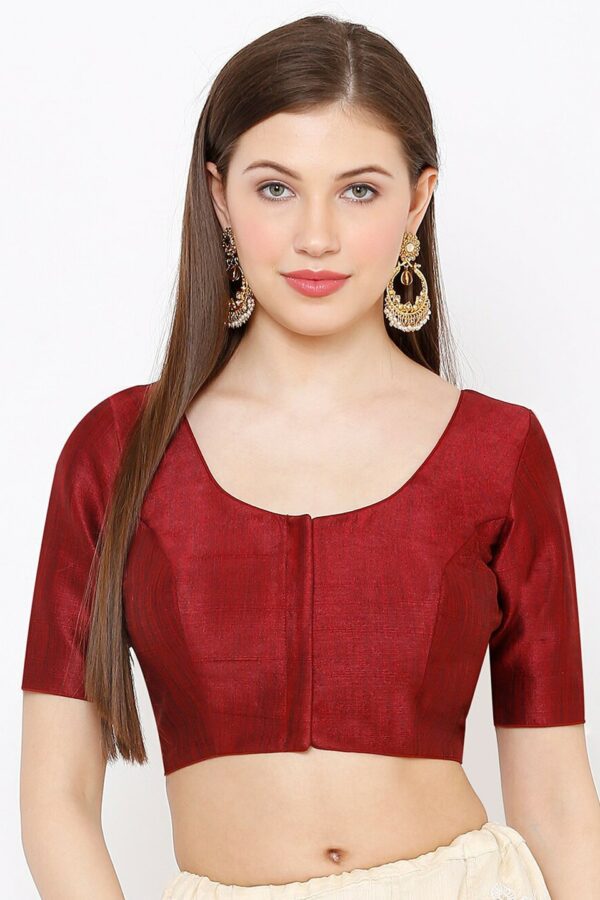SALWAR STUDIO Women Maroon Solid Readymade Mulberry Silk Saree Blouse