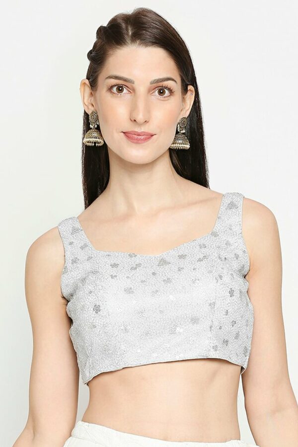 SALWAR STUDIO Women Silver-Coloured Embroidered Readymade Saree Blouse