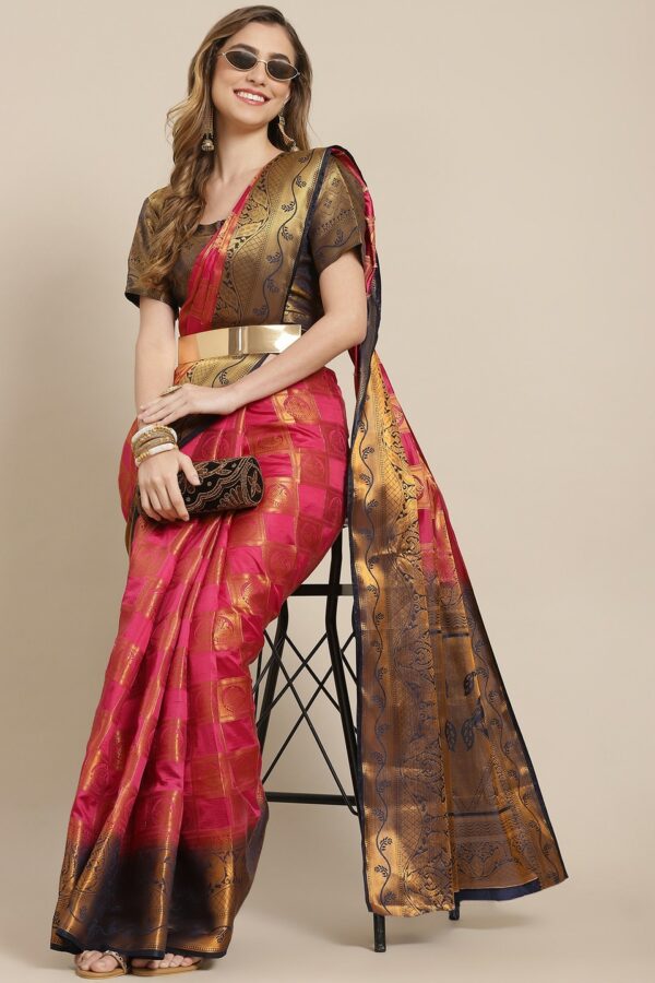 SERONA FABRICS Pink & Navy Blue Ethnic Motifs Zari Silk Blend Ready to Wear Banarasi Saree