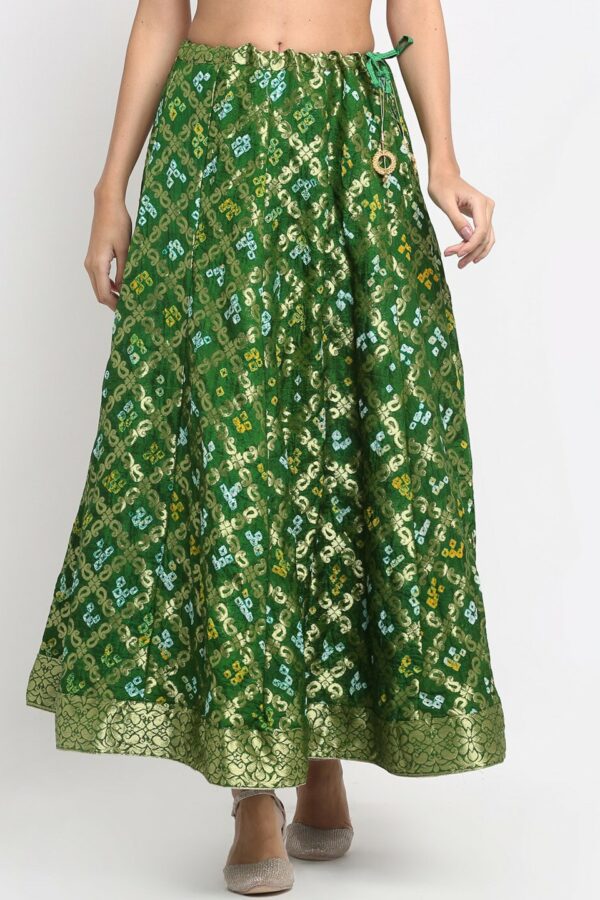 SOUNDARYA Women Green & Golden Printed & Zari Design Flared Maxi Skirt