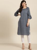 Sangria Women Blue & Golden Ethnic Print Cotton Straight Kurta
