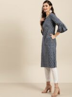 Sangria Women Blue & Golden Ethnic Print Cotton Straight Kurta - Image 3