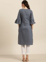 Sangria Women Blue & Golden Ethnic Print Cotton Straight Kurta - Image 4