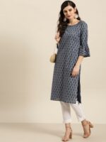 Sangria Women Blue & Golden Ethnic Print Cotton Straight Kurta - Image 5