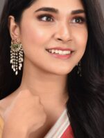 Saraf RS Jewellery Gold-Plated Green AD Studded Crescent Shaped Drop Earrings - Image 4