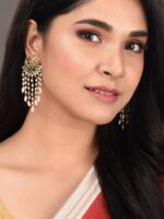 Saraf RS Jewellery Gold-Plated Green AD Studded Crescent Shaped Drop Earrings - Image 5