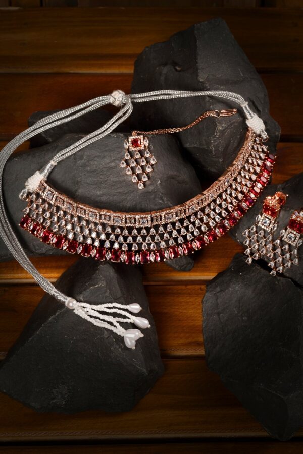 Saraf RS Jewellery Rose Gold-Plated & Red AD & CZ-Studded Contemporary Jewellery Set