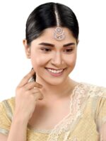 Saraf RS Jewellery Rose Gold-Plated White AD-Studded Half Moon-Shaped Handcrafted Maang Tikka - Image 4