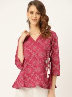 Shae by SASSAFRAS Women Magenta & White Bandhej Print Wrap Pure Cotton Top