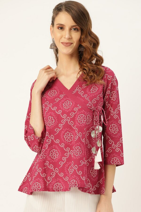 Shae by SASSAFRAS Women Magenta & White Bandhej Print Wrap Pure Cotton Top