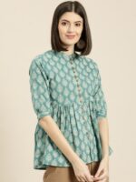 Shae by SASSAFRAS Women Teal Blue & Off-White Printed A-Line Pure Cotton Top