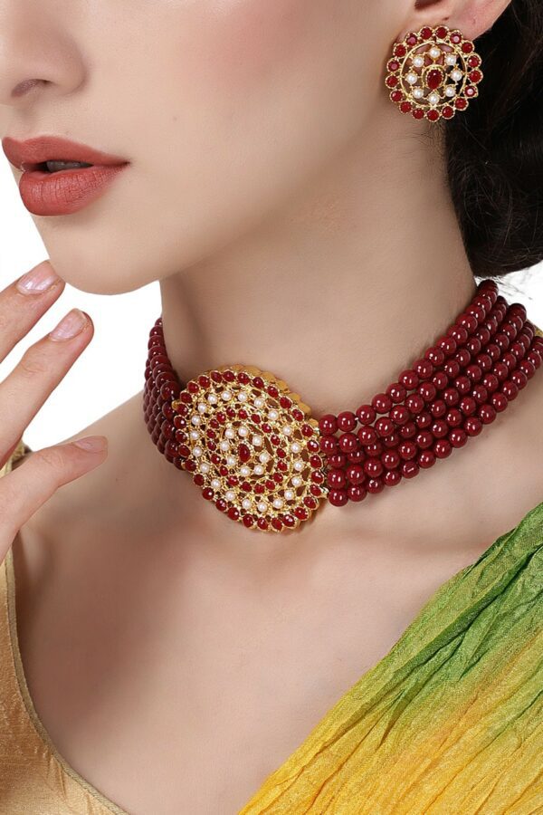 Shining Diva Gold-Plated Maroon & White Stone-Studded & Pearl Beaded Antique Jewellery Set