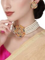 Shining Diva Gold-Plated White & Green Pearl-Studded Choker Jewellery Set