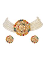 Shining Diva Gold-Plated White & Green Pearl-Studded Choker Jewellery Set - Image 2