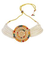 Shining Diva Gold-Plated White & Green Pearl-Studded Choker Jewellery Set - Image 3