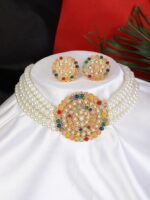Shining Diva Gold-Plated White & Green Pearl-Studded Choker Jewellery Set - Image 7