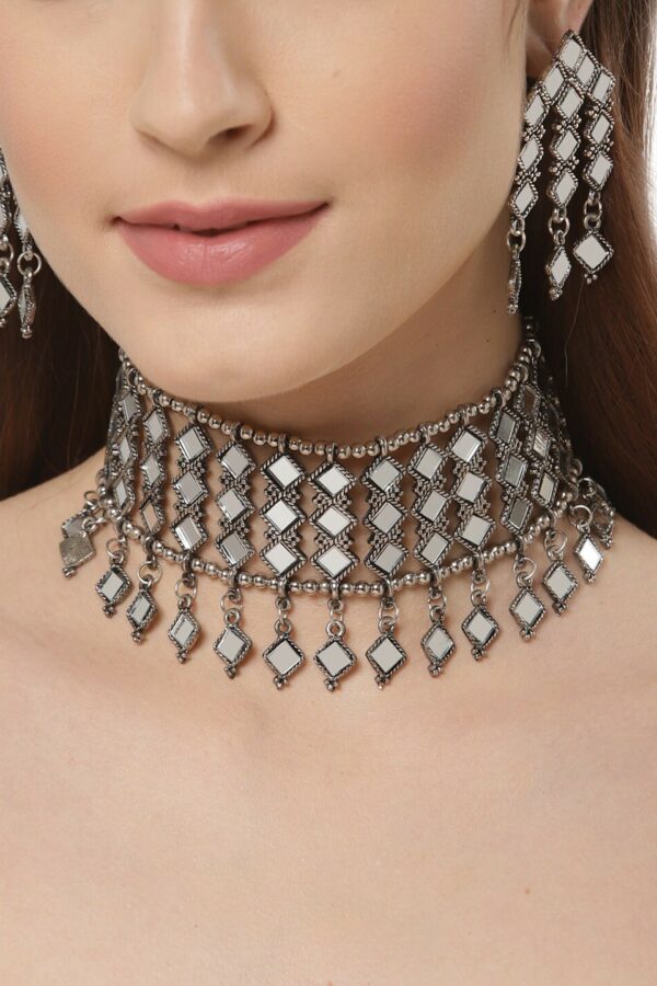 Shining Diva Oxidised Silver-Plated Mirror Jewellery Set