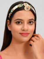 Silvermerc Designs Gold-Plated & White Kundan-Studded & Pearl Beaded Head Chain With Borla - Image 5