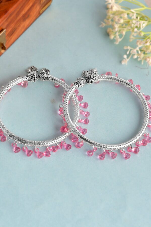 Silvermerc Designs Set Of 2 Silver-Plated & Pink Beaded Kada Anklets