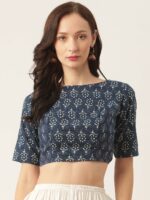 Studio Shringaar Women Navy Blue & Off-White Printed Pure Cotton Saree Blouse
