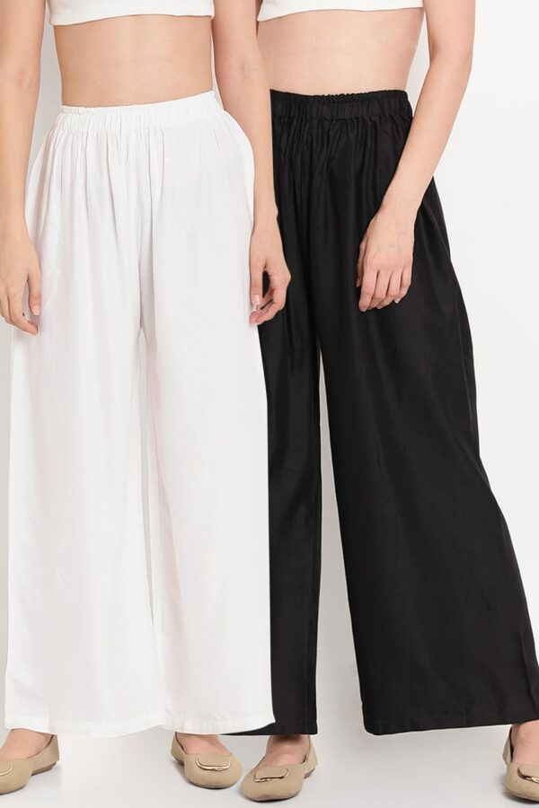 TAG 7 Women Pack Of 2 White & Black Solid Flared Palazzos