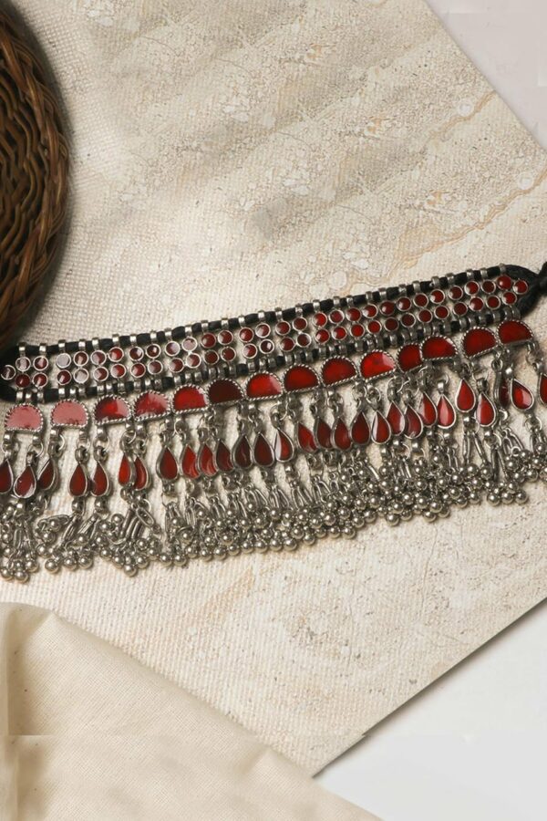 TEEJH Silver-Toned & Red Silver-Plated Oxidised Necklace