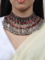 TEEJH Silver-Toned & Red Silver-Plated Oxidised Necklace - Image 5