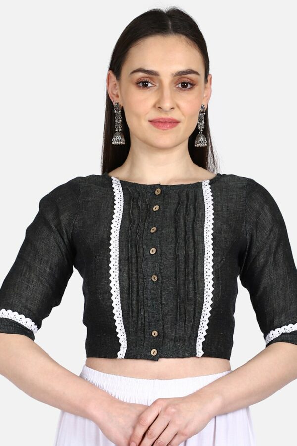 THE WEAVE TRAVELLER Women Charcoal Grey Solid Linen Saree Blouse