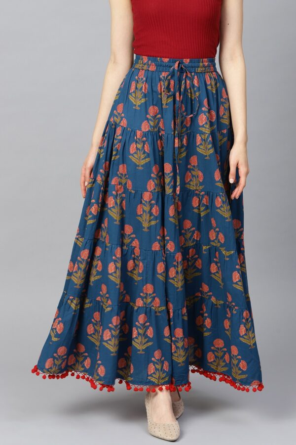 Varanga Blue & Pink Printed Flared Maxi Dress