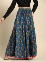 Varanga Blue & Red Printed Tiered Skirt With Pom Pom Detailing