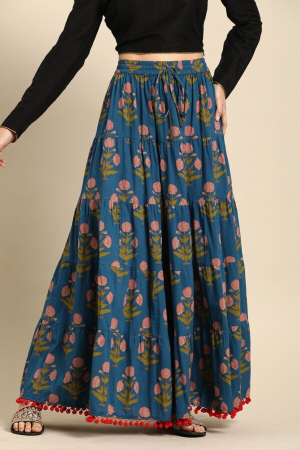 Varanga Blue & Red Printed Tiered Skirt With Pom Pom Detailing
