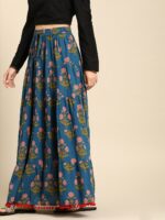 Varanga Blue & Red Printed Tiered Skirt With Pom Pom Detailing - Image 2