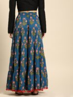 Varanga Blue & Red Printed Tiered Skirt With Pom Pom Detailing - Image 3